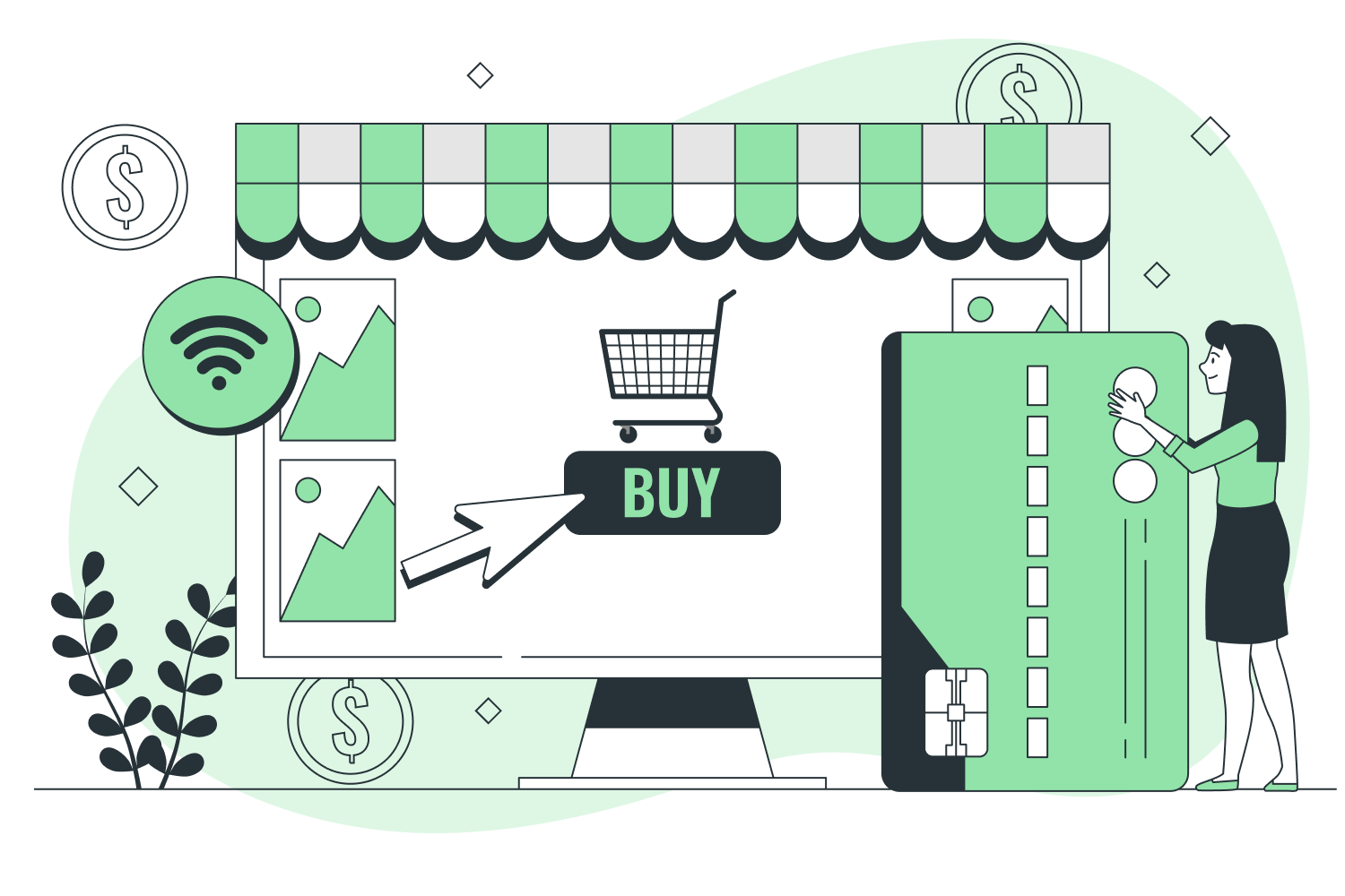 Illustration of online shopping interface with a 'BUY' button and a person holding a credit card next to a shopping cart icon.