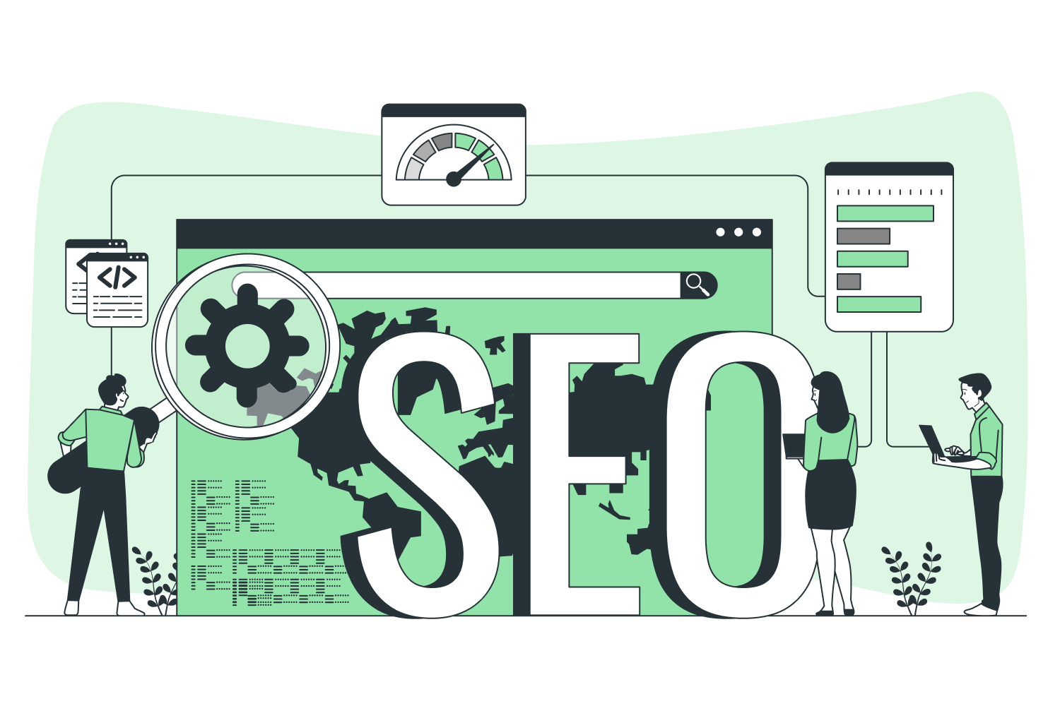 Illustration of SEO optimization showing people interacting with a large 'SEO' text and website elements like speed gauges and code documents.